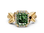 Halo Engagement Ring Setting for Fancy Green Radiant Cut Center with Floral Band and Prong Head in Yellow Gold
