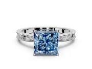 Solitaire Engagement Ring Setting for Fancy Blue Princess Cut Center with Engraved Milgrain Band and Prong Head in Platinum