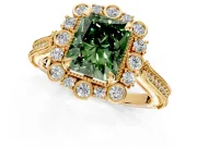 Milgrain Halo Engagement Ring Setting for Fancy Green Radiant Cut Center with Bezel Point Accents and Prong Head in Yellow Gold