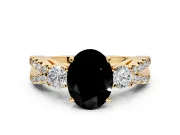 3 Stone Engagement Ring Setting for Fancy Black Oval Center with Pave Split Shank and Prong Head in Yellow Gold