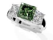3 Stone Engagement Ring Setting for Fancy Green Princess Cut Center with Raised Basket Heads and Prong Head in Platinum