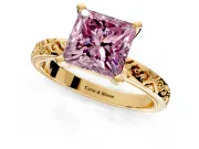 Solitaire Engagement Ring Setting for Fancy Pink Princess Cut Center with Scrollwork Band and Prong Head in Yellow Gold