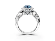 Milgrain Halo Engagement Ring Setting for Fancy Blue Round Cut Center with Shoulder Bezels and Prong Head in White Gold