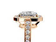 Bezel-Framed Halo Engagement Ring Setting for Radiant Cut Center with Pave Band and Prong Head in Rose Gold