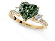 3 Stone Engagement Ring Setting for Fancy Green Heart-Shaped Center with Round Cut Side Accents and Prong Head in Yellow Gold