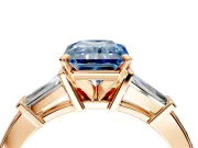 3 Stone Engagement Ring Setting for Fancy Blue Radiant Cut Center with Channel Baguette Accents and Prong Head in Rose Gold