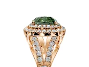 Double Halo Engagement Ring Setting for Fancy Green Cushion Cut Center with Narrow Pave Split Shank and Prong Head in Rose Gold
