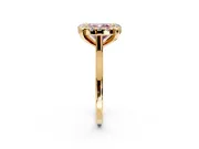 Single Halo Engagement Ring Setting for Fancy Pink Cushion Cut Center with Corner Claws, Plain Band and Prong Head in Yellow Gold