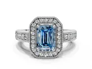 Milgrain Halo Engagement Ring Setting for Fancy Blue Emerald Cut Center with Pave Band and Prong Head in Platinum