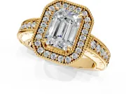 Milgrain Halo Engagement Ring Setting for Emerald Cut Center with Pave Band and Prong Head in Yellow Gold