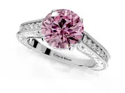 Solitaire Engagement Ring Setting for Fancy Pink Round Cut Center with Engraved Pave Band and Prong Head in Sterling Silver