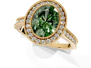 Halo Engagement Ring Setting for Fancy Green Oval Center with Milgrain Pave Band and Bezel Head in Yellow Gold