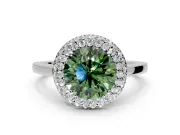 Halo Engagement Ring Setting for Fancy Green Round Cut Center with Plain Tapered Band and Prong Head in Sterling Silver