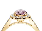 Halo Engagement Ring Setting for Fancy Pink Pear-Shaped Center with Raised Halo, Pave Band and Prong Head in Yellow Gold