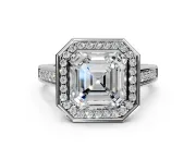 Halo Engagement Ring Setting for Asscher Cut Center with Outer Bezel Rim, Pave Band and Prong Head in Sterling Silver