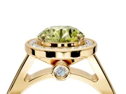 Halo Engagement Ring Setting for Fancy Yellow Round Cut Center with Outer Bezel Rim, Pave Band and Prong Head in Yellow Gold