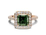 Halo Engagement Ring Setting for Fancy Green Asscher Cut Center with Pave Accents, Heart Basket and Prong Head in Rose Gold