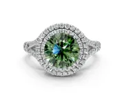 Double Halo Engagement Ring Setting for Fancy Green Round Cut Center with Narrow Pave Split Shank and Prong Head in Platinum