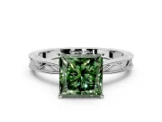 Solitaire Engagement Ring Setting for Fancy Green Princess Cut Center with Engraved Milgrain Band and Prong Head in Sterling Silver