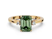 3 Stone Engagement Ring Setting for Fancy Green Emerald Cut Center with Low-Set Round Cut Accents and Prong Head in Yellow Gold