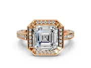 Halo Engagement Ring Setting for Asscher Cut Center with Framed Halo, Pave Band and Prong Head in Rose Gold
