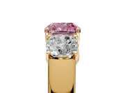 3 Stone Engagement Ring Setting for Fancy Pink Cushion Cut Center with Raised Basket Heads and Prong Head in Yellow Gold
