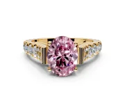 Solitaire Engagement Ring Setting for Fancy Pink Oval Center with Pave Cathedral Shoulders and Prong Head in Yellow Gold