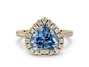 Halo Engagement Ring Setting for Fancy Blue Heart-Shaped Center with Raised Halo, Pave Band and Prong Head in Yellow Gold