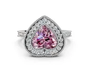Halo Engagement Ring Setting for Fancy Pink Heart-Shaped Center with Milgrain Frame, Pave Band and Prong Head in White Gold