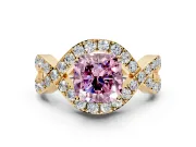Halo Engagement Ring Setting for Fancy Pink Cushion Cut Center with Pave Infinity Twist Band and Prong Head in Yellow Gold