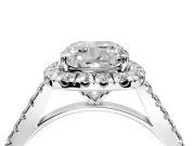 Halo Engagement Ring Setting for Cushion Cut Center with Narrowing Pave Band and Prong Head in Platinum