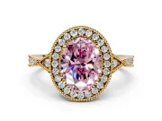 Halo Engagement Ring Setting for Fancy Pink Oval Center with Milgrain Rim, Pave Band and Prong Head in Yellow Gold
