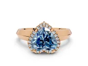 Halo Engagement Ring Setting for Fancy Blue Heart-Shaped Center with Knife Ridge Cathedral Band and Prong Head in Rose Gold