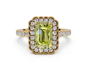 Milgrain Floral Halo Engagement Ring Setting for Fancy Yellow Emerald Cut Center with Pave Band and Prong Head in Yellow Gold