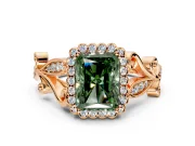 Halo Engagement Ring Setting for Fancy Green Radiant Cut Center with Leaf Motif Split Shank and Prong Head in Rose Gold