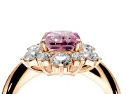 Small-Accent Cluster Halo Engagement Ring Setting for Fancy Pink Radiant Cut Center with Plain Band and Prong Head in Rose Gold