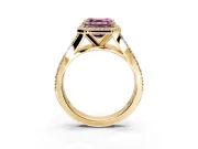 Halo Engagement Ring Setting for Fancy Pink Asscher Cut Center with Narrow Pave Split Shank and Prong Head in Yellow Gold