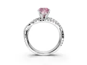 Solitaire Engagement Ring Setting for Fancy Pink Cushion Cut Center with Woven 3-Strand Pave Band and Prong Head in White Gold