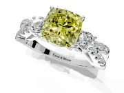 3 Stone Engagement Ring Setting for Fancy Yellow Cushion Cut Center with Pave Split Shank and Prong Head in White Gold