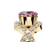 Halo Engagement Ring Setting for Fancy Pink Oval Center with Pave Infinity Twist Band and Prong Head in Yellow Gold