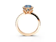 Halo Engagement Ring Setting for Fancy Blue Cushion Cut Center with Openwork Halo, Pave Band and Prong Head in Rose Gold