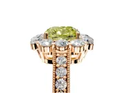 Halo Engagement Ring Setting for Fancy Yellow Cushion Cut Center with Milgrain Channel Band and Prong Head in Rose Gold