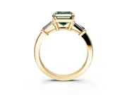 3 Stone Engagement Ring Setting for Fancy Green Asscher Cut Center with Baguette Accents and Prong Head in Yellow Gold