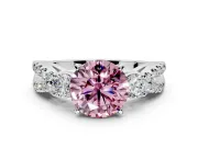 3 Stone Engagement Ring Setting for Fancy Pink Round Cut Center with Pave Split Shank and Prong Head in Sterling Silver