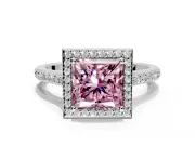 Halo Engagement Ring Setting for Fancy Pink Princess Cut Center with Pave Accents, Heart Basket and Prong Head in Sterling Silver