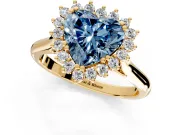 Starburst Halo Engagement Ring Setting for Fancy Blue Heart-Shaped Center with Thin Round-Wire Band and Prong Head in Yellow Gold