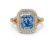 Double Halo Engagement Ring Setting for Fancy Blue Radiant Cut Center with Narrow Pave Split Shank and Prong Head in Yellow Gold