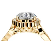 Halo Engagement Ring Setting for Round Cut Center with Leaf Motif Split Shank and Prong Head in Yellow Gold