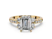 Paired Accent Engagement Ring Setting for Emerald Cut Center with Pave Band and Prong Head in Yellow Gold