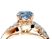 Halo Engagement Ring Setting for Fancy Blue Cushion Cut Center with Marquise and Pave Bypass Band and Prong Head in Rose Gold